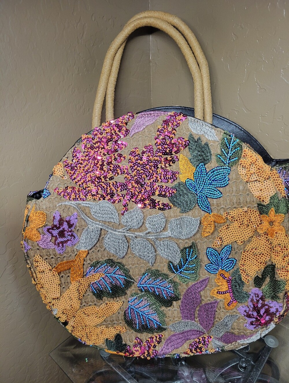 Embellished Floral Straw Tote Bag in Pink, Yellow & Tan